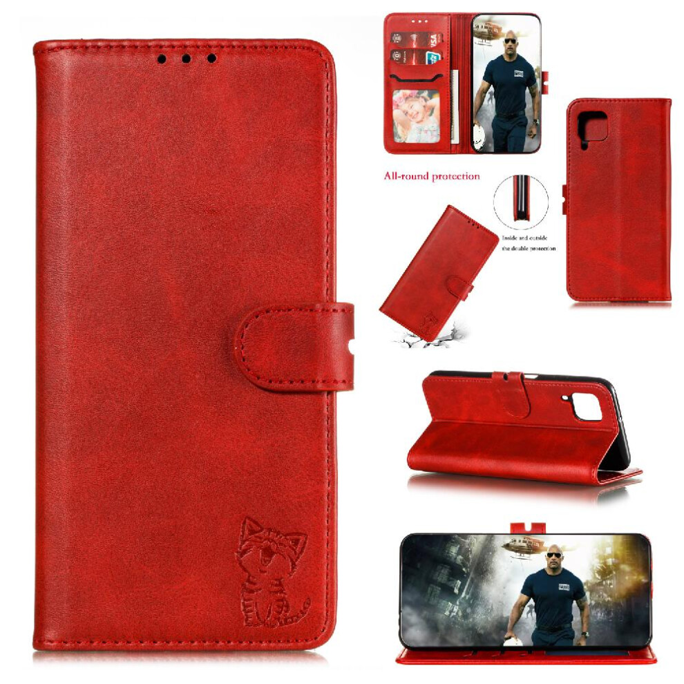 (Red) Wallet Case For Samsung Galaxy A12 Embossed Magnetic Closure Kickstand Card Holder All Round Protection Red 764762762452