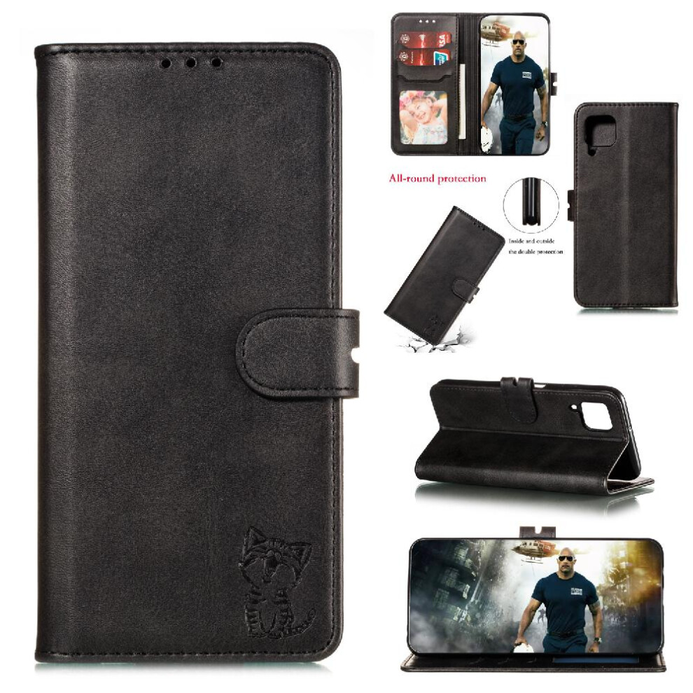 (Black) Wallet Case For Samsung Galaxy A12 Embossed Magnetic Closure Kickstand Card Holder All Round Protection Black 764762762483
