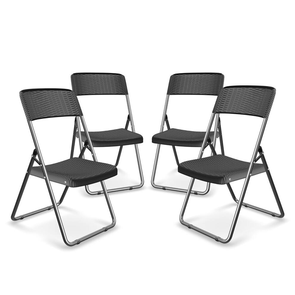 (4) Rattan Effect Metal Folding Chairs Dining Bistro