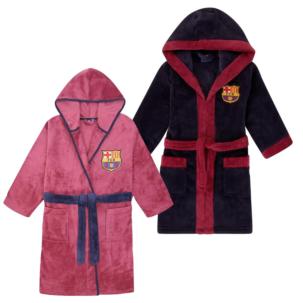 (Navy 9-10 Years) Fc Barcelona Boys Dressing Gown Robe Hooded Fleece Kids Official Football Gift Blue
