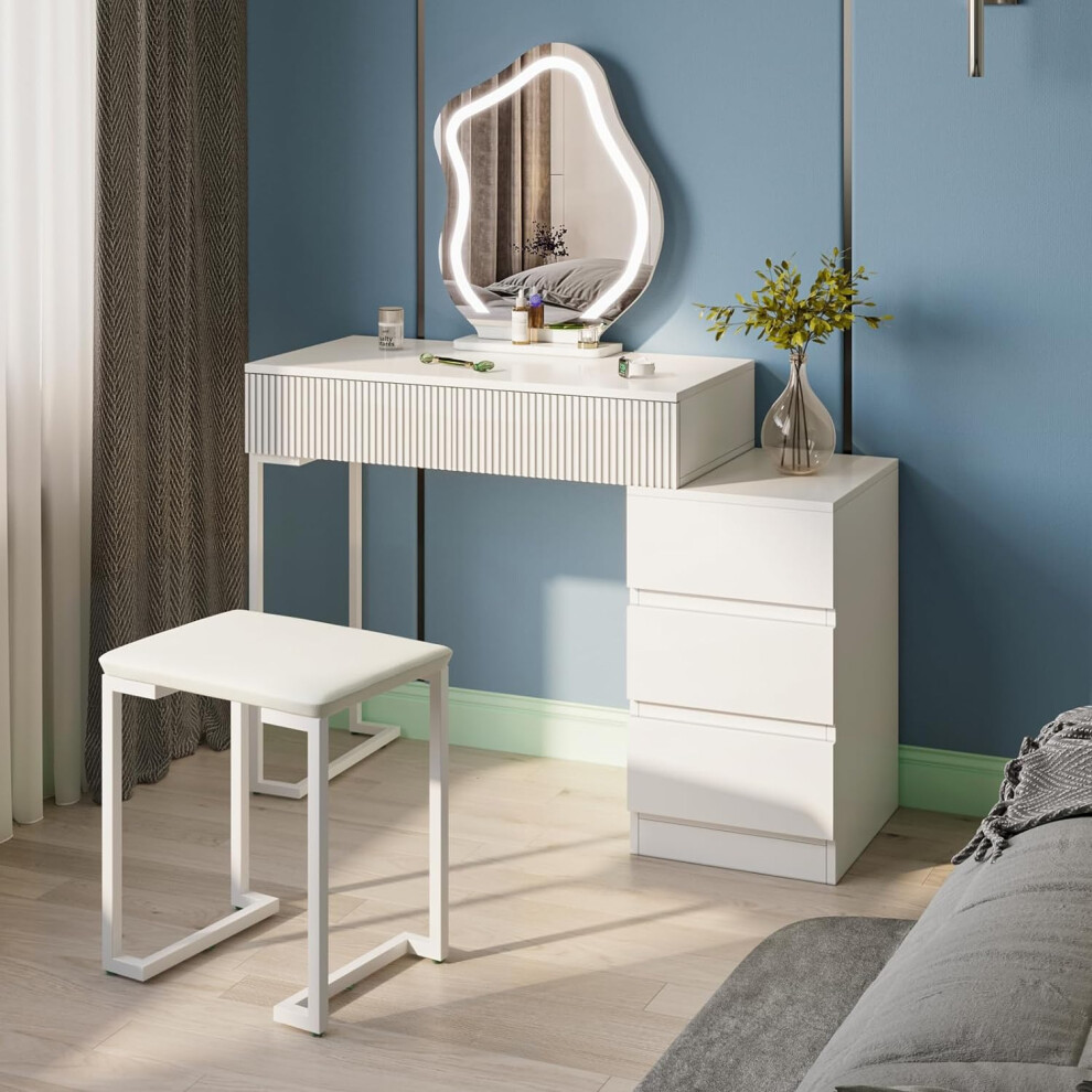 Dressing Table with Mirror and Stool Set, Modern Vanity Table Makeup Desk with 3 Color Lights Mirror & 5 Drawers