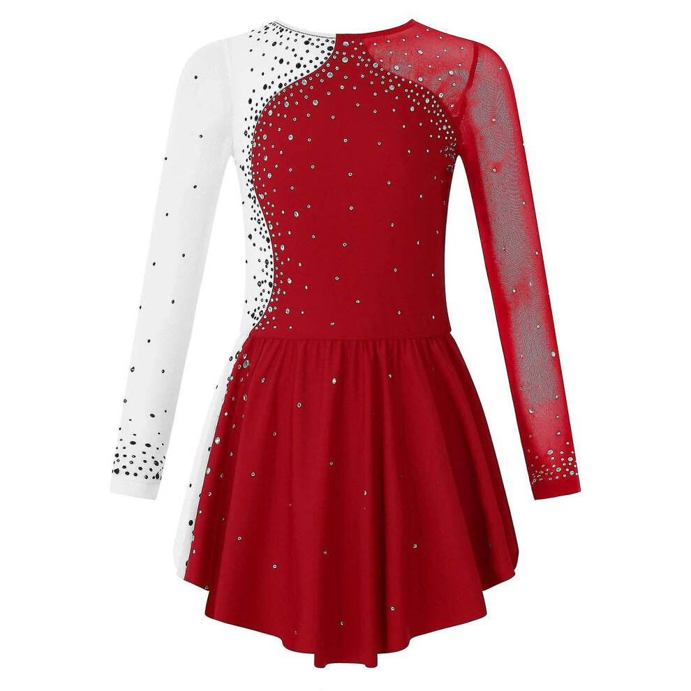 Kids Long Sleeve Shiny Rhinestone Figure Skating Dress Ballet Gymnastics Dance Leotard Dress Elegant Girls' Lyrical Dancewear