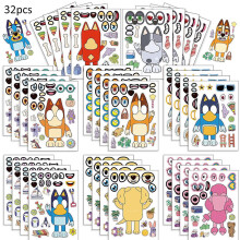 32pcs Diy Bluey Theme Make-a-face Stickers Pack,fun Stickers Craft Set Kids Toys For Party Decoration,reward Gifts