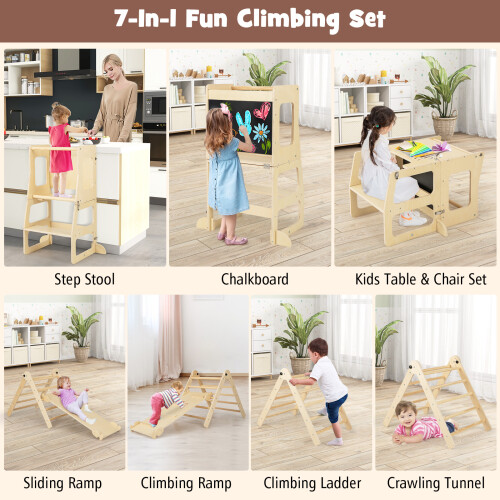 Costway 7-in-1 Climbing Toy Set Folding Convertible Step Stool W/ Chalkboard 1