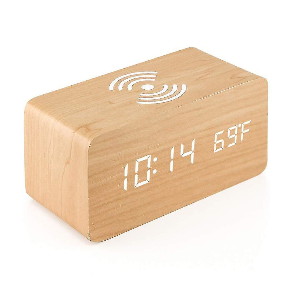 (bamboo) Wooden Digital Alarm Clock With Wireless Charging, 3 Alarms Led Display, Sound Control And Snooze Dual For Bedroom, Bedside, Office