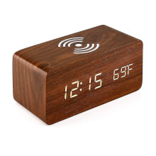 (Palm wood) Wooden Digital Alarm Clock With Wireless Charging, 3 Alarms Led Display, Sound Control And Snooze Dual For Bedroom, Bedside, Office