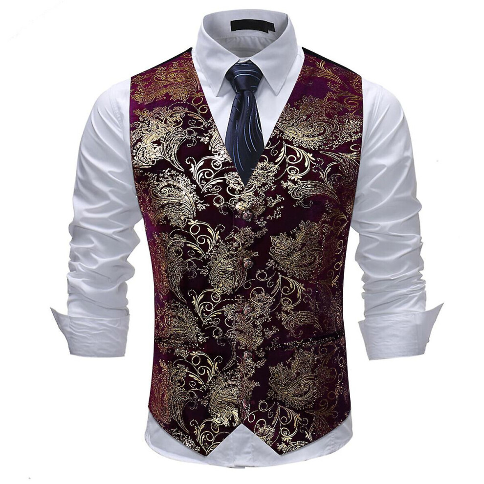 Mens V-neck Printed Business Casual Gold Silver Suit Vest-yky