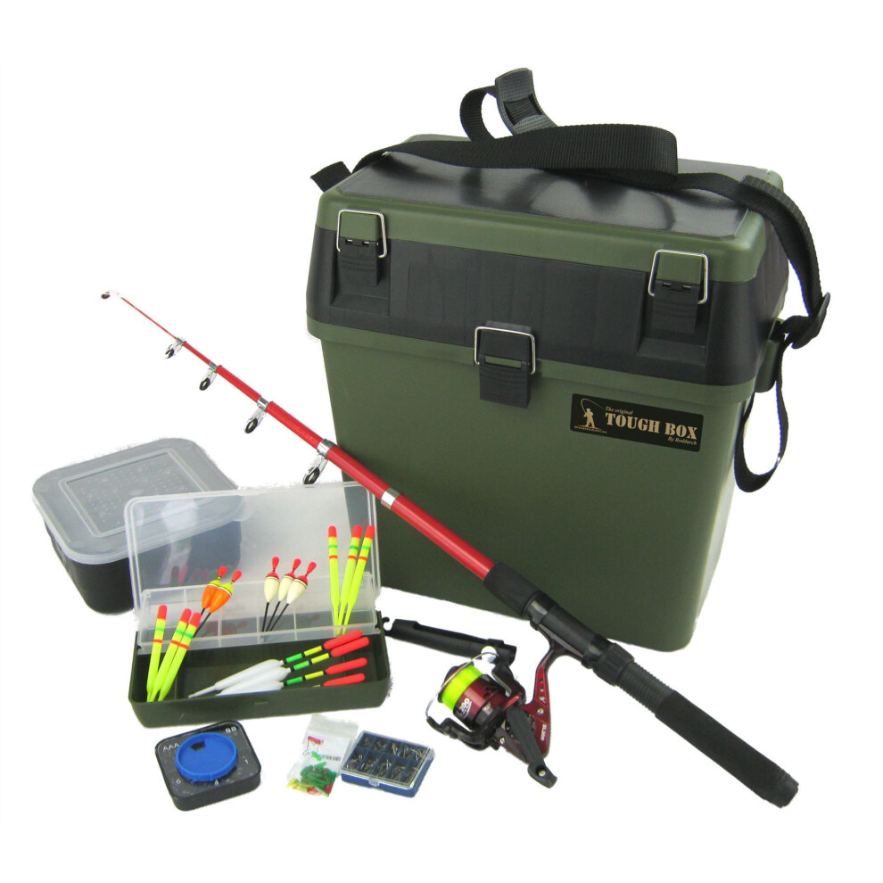 Fishing Kit, Complete, Beginners: Seat Box + Rod, 2m + Reel, SY200 + Bait Box + Float Set, Assorted, 15pc + Hooks + Shot