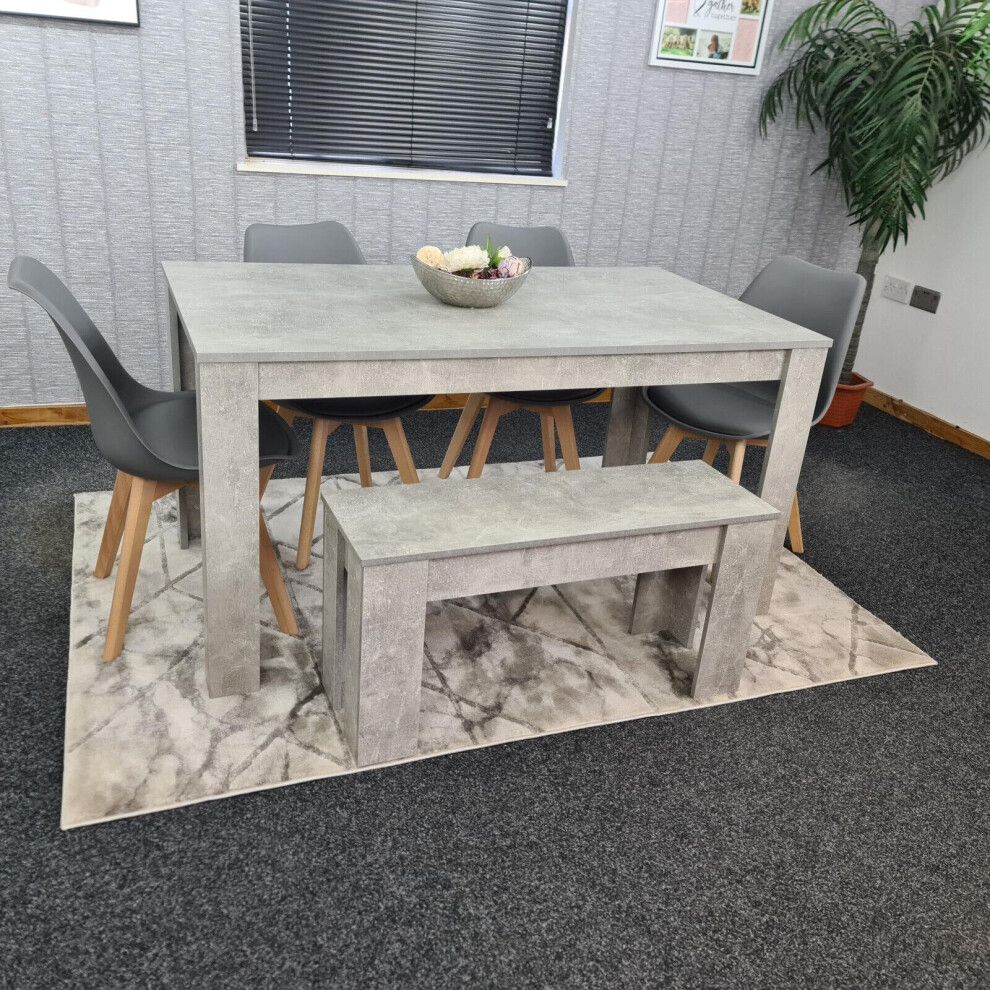 Dining Table and 4 Chairs With Bench Stone Grey Effect Wood Table 4 Grey Plastic Leather Chairs Dining Room