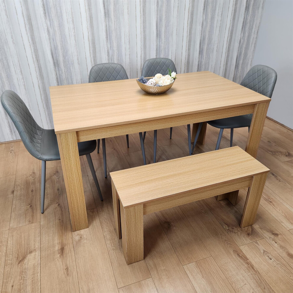 Wooden Dining Table Set for 6 Oak Effect Table With 4 Grey Gem Patterned  Chairs and 1 Bench
