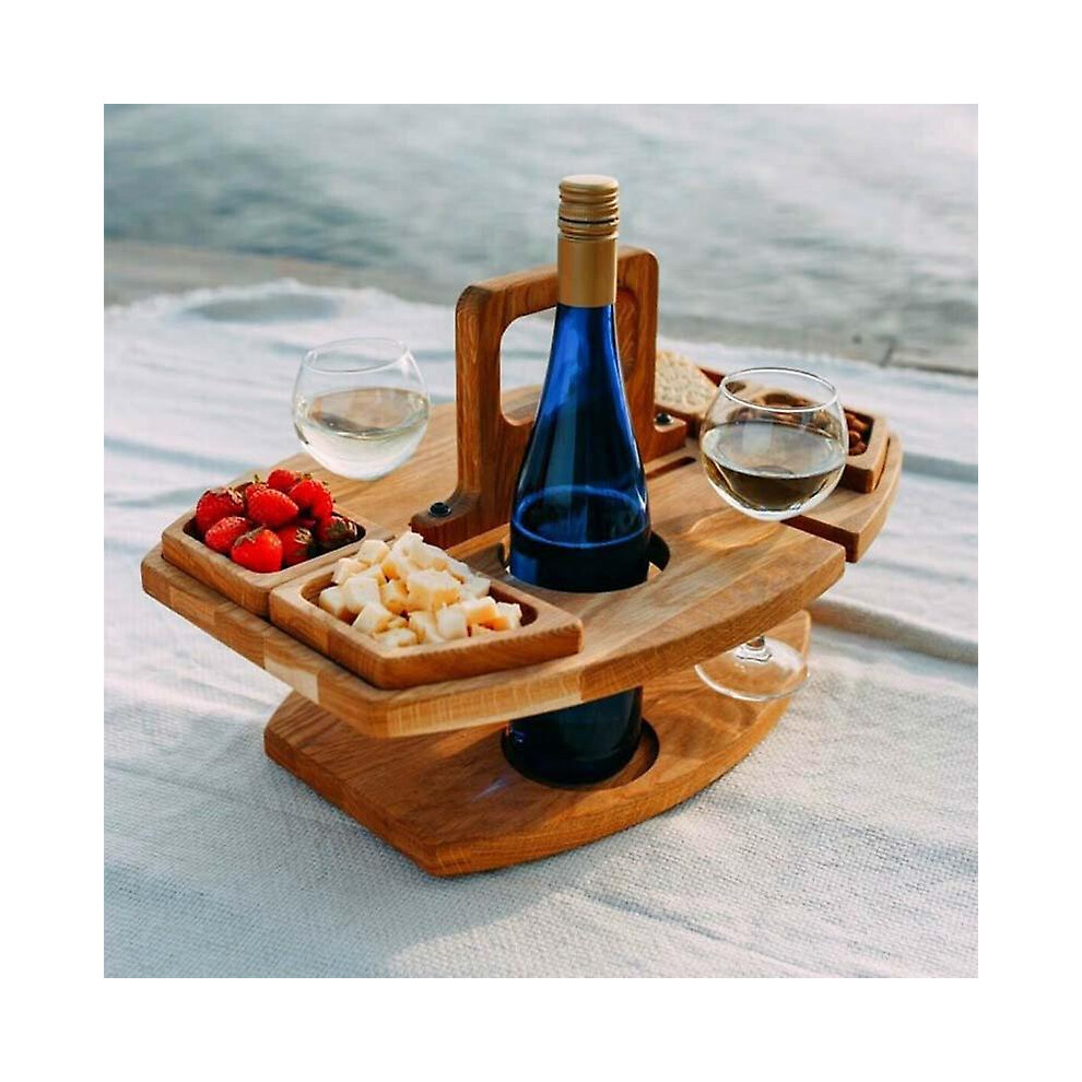 Portable Wine Picnic Table With 2 Bottle And 2 Wine Glasses Holder, 2 In 1 Wooden Wine Table, Champagne Picnic Snack Table For Camping, Beach, Outdoor