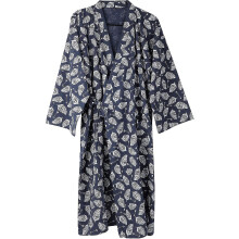 (Leaf, XL) Men's Kimono Robes Cotton Dressing Gown Khan Steamed Clothing Bathrobes Long Sleeve Sleepwear Loungewear Nightwear. Navy