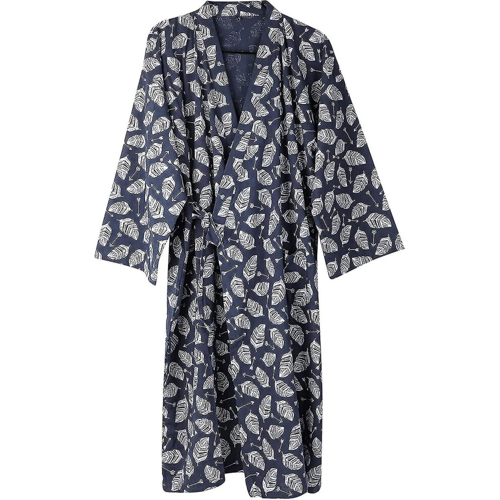 (Leaf, L) Men's Kimono Robes Cotton Dressing Gown Khan Steamed Clothing Bathrobes Long Sleeve Sleepwear Loungewear Nightwear. Navy Blue