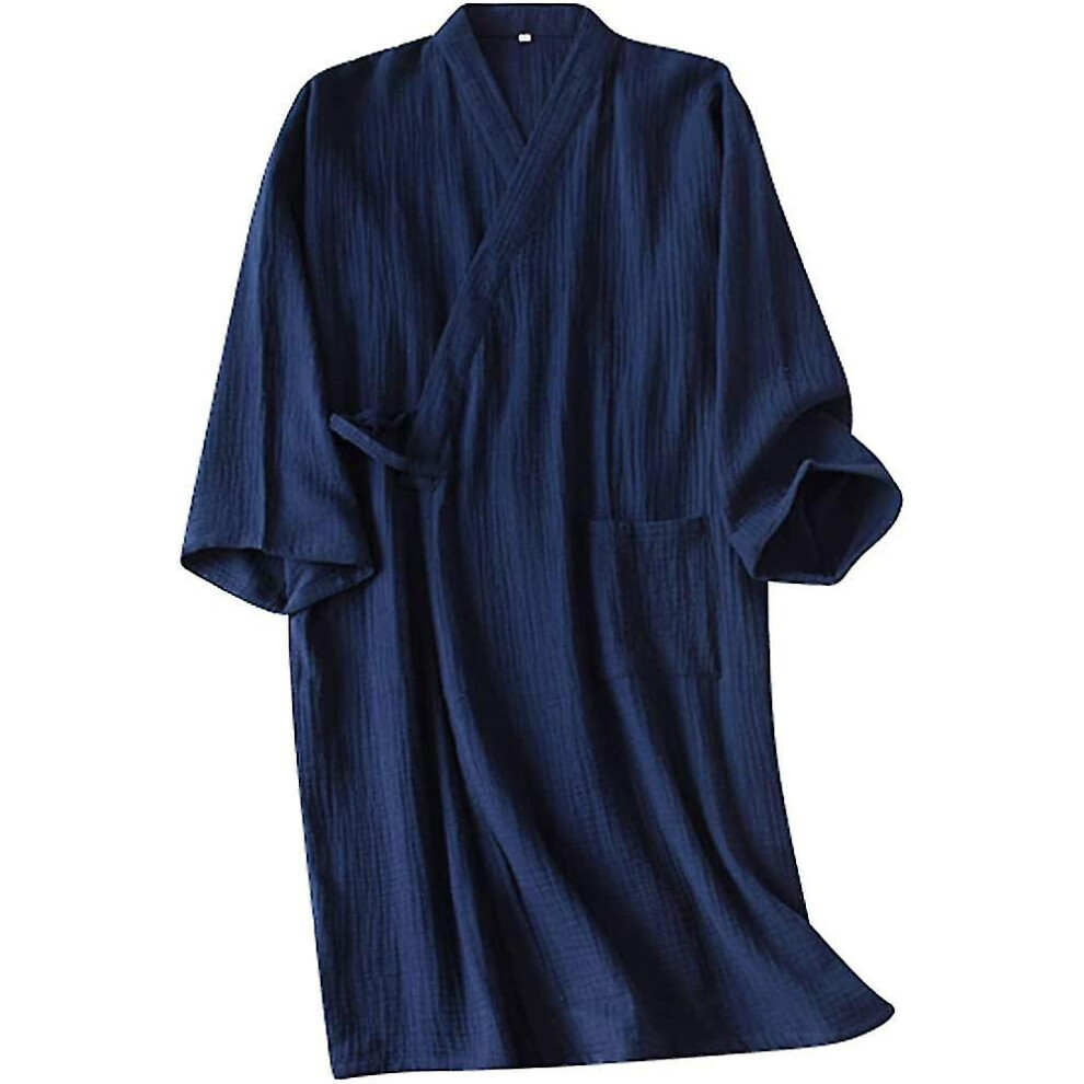 (Navy L) Men's Kimono Robes Cotton Dressing Gown Khan Steamed Clothing Bathrobes Long Sleeve Sleepwear Loungewear Nightwear. Navy Blue