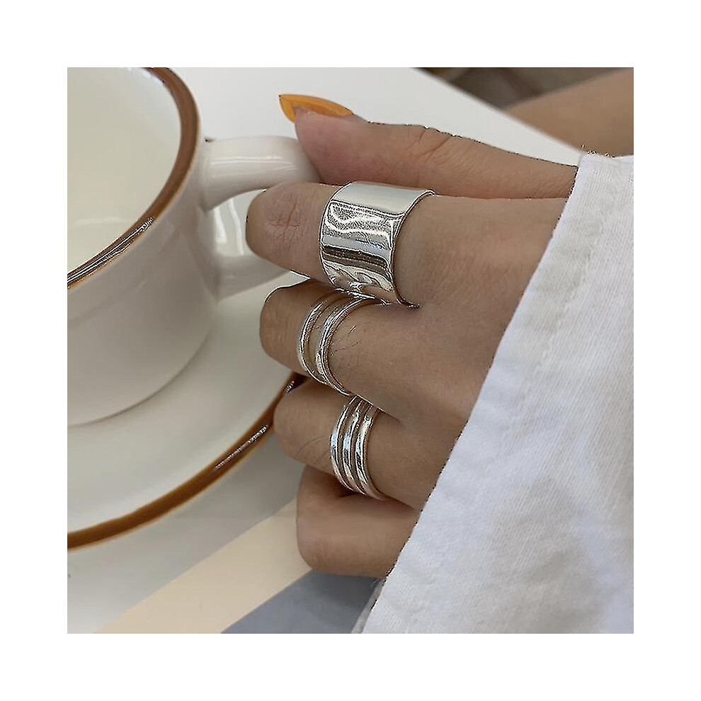 S925 Sterling Silver Rings Compatible Women Korean Circular Ring Multilayer Wide Face Ring Jewelry