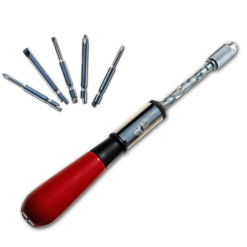 Semi-automatic spiral screwdriver, ratcheting hand pressure with slotted and Phillips bits