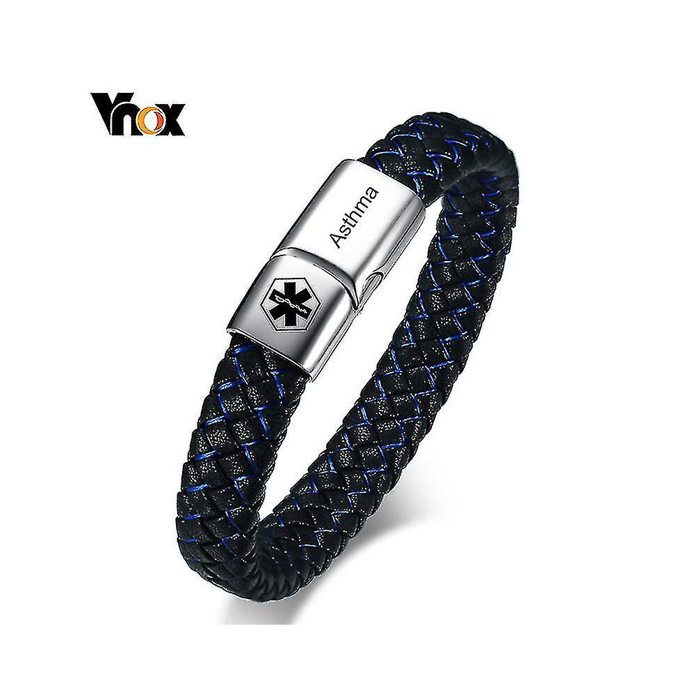 (Asthma, 20.5cm) Medical Men's Id Bracelet Braided Leather Bangle With Clasp Diabetes Copd Alzheimer Personalized Jewelry
