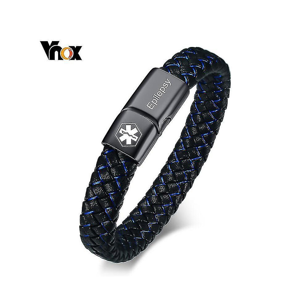 (Epilepsy3, 19.5cm) Medical Men's Id Bracelet Braided Leather Bangle With Clasp Diabetes Copd Alzheimer Personalized Jewelry