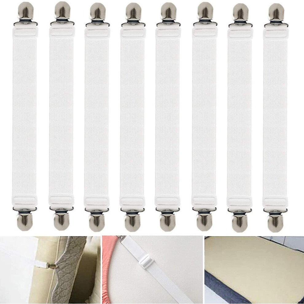 Slinx Adjustable Bed Sheet Tensioner, 8 Pieces Elastic Sheet Tensioner, White Sheet