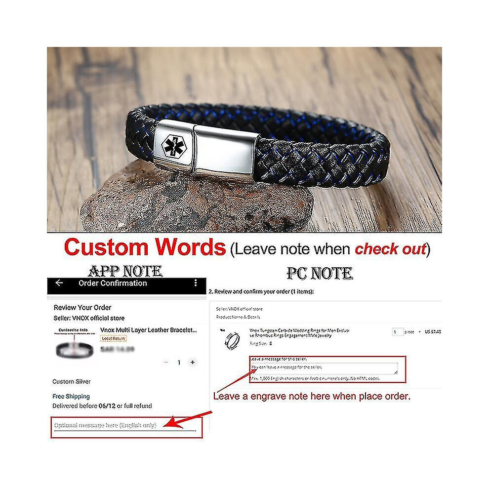 (Custom, 19.5cm) Medical Men's Id Bracelet Braided Leather Bangle With Clasp Diabetes Copd Alzheimer Personalized Jewelry
