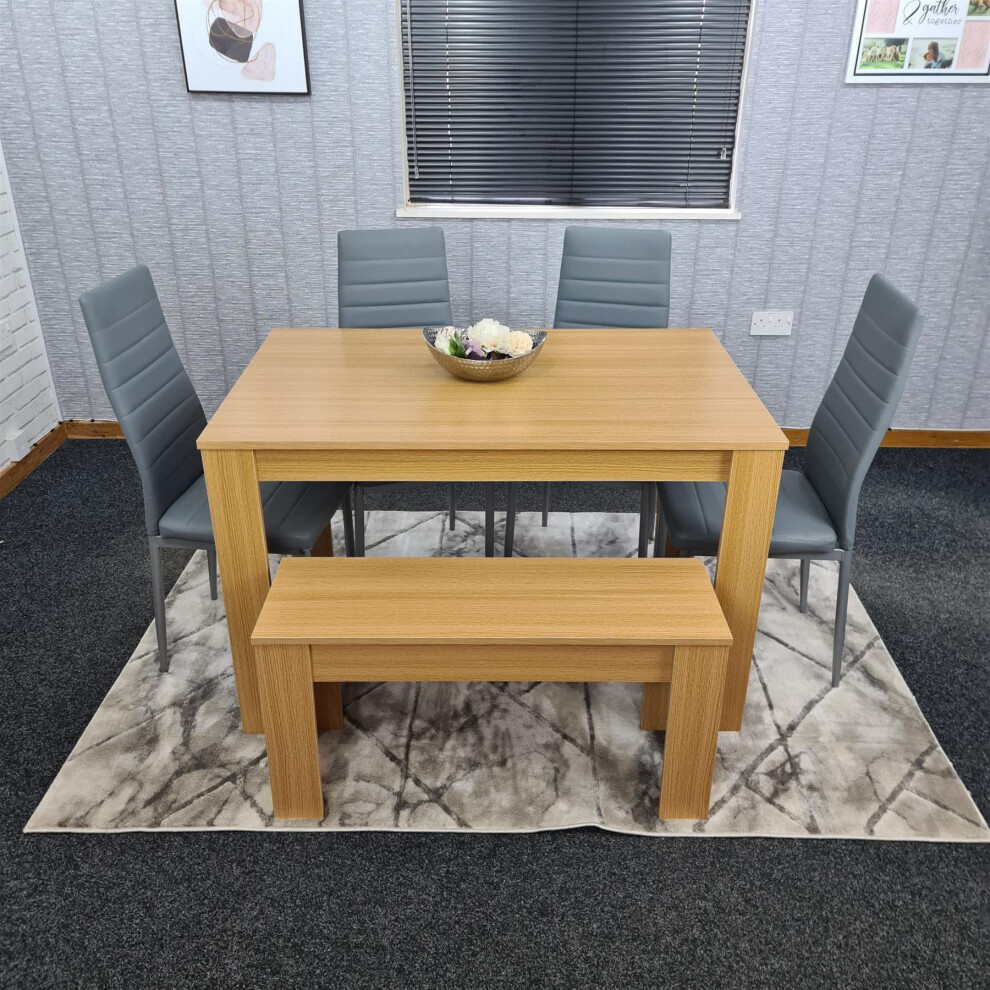4 Grey Leather Chairs With Bench Oak Effect Wood Dining Table