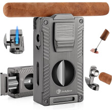 Cigar Torch Lighter, All-in-1 Cigar Lighter Built-in Cigar Holder Cigar Punch Cigar Draw Enhancer Cigar Cutter V Cut, Double Jet Flame Refillable Buta