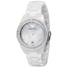 Emporio Armani AR1426 Weiß Damen-Keramikuhr mit Diamantlünette, Perlmuttzifferblatt, Quarz, 50 m wasserdicht