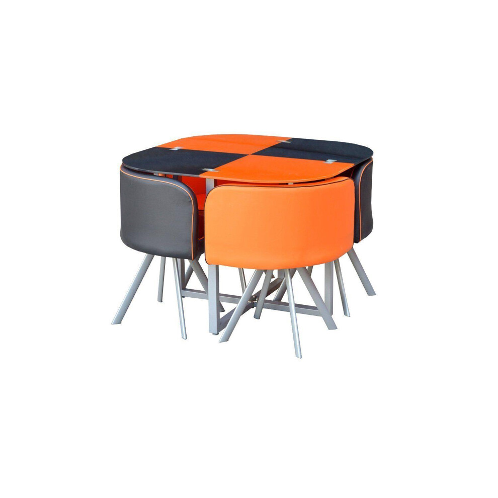4 Leather Chairs with Space Saver Glass Orange and Black Square Table