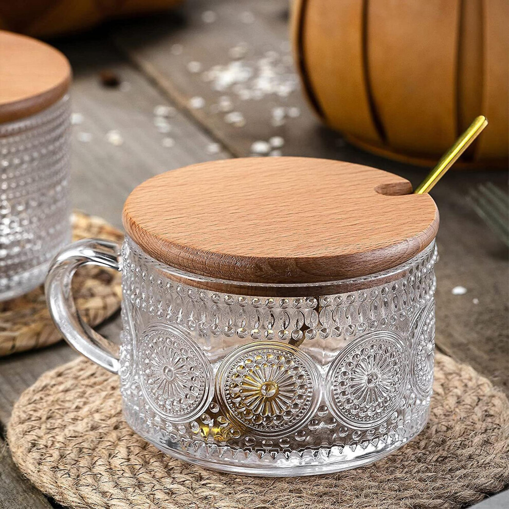 Vintage Glass Coffee Mugs, Overnight Oats Containers With Bamboo Lids And Spoons, 14oz Slight Green Embossed Drinking Glasses, Cute Coffee Bar Accesso