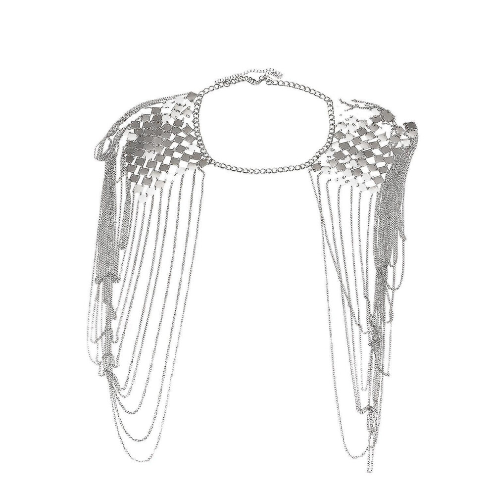 Vintage Punk Harness Bikini Body Link Epaulet Shoulder Chain Necklace Collar Dangling Tassel Silver