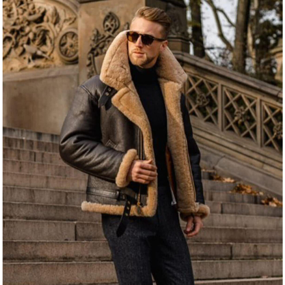 (L) Men's Camel Stylish Flying Leather Jacket,slim Fit Shearling Aviator Bomber Jack