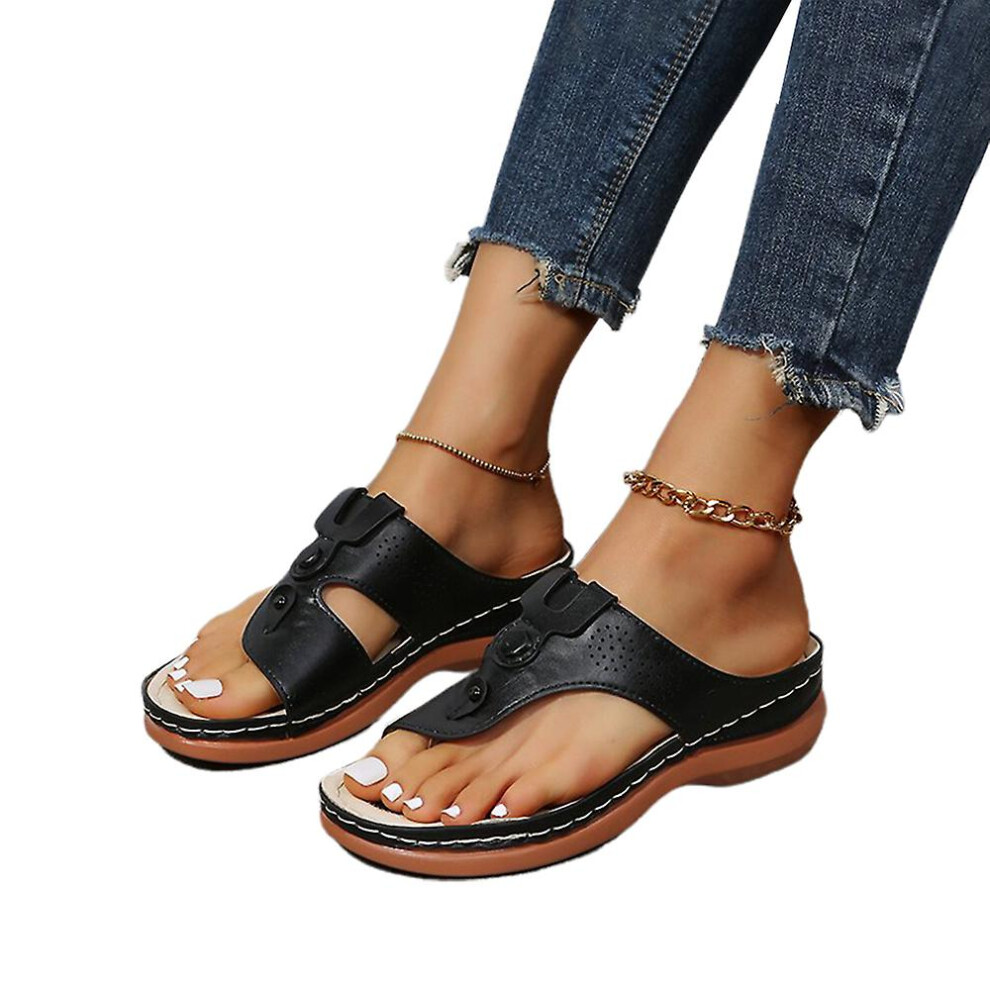 Women Orthopedic Clip Toe Wedge Slippers Flip Flops Thong Sandals Sliders (black)