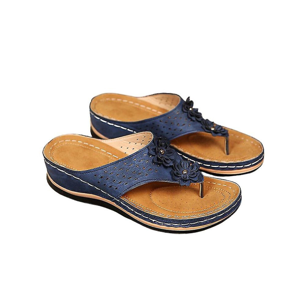 Women Pu Flower Clip Toe Flip Flops Sandals Wedge Slippers Slides Shoes
