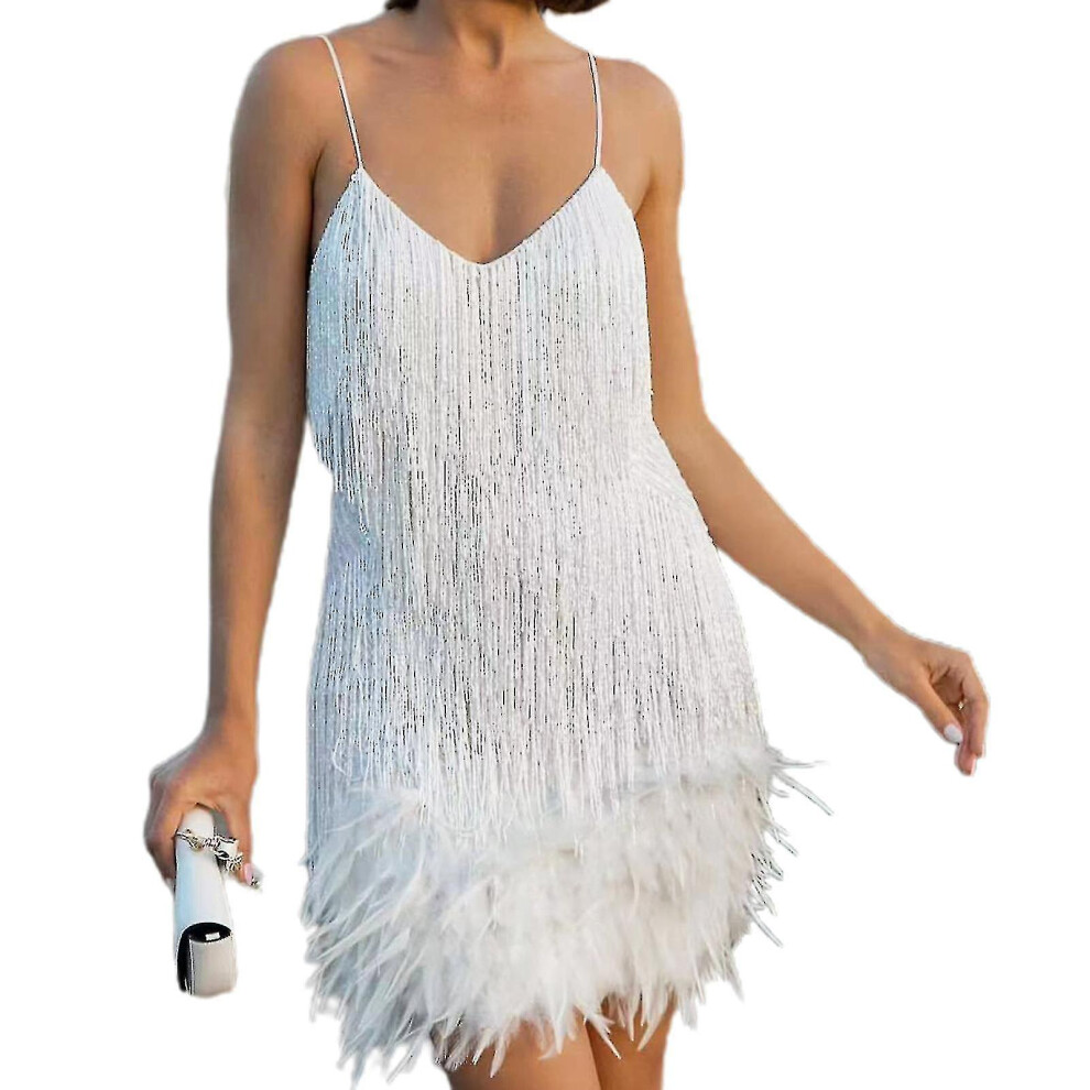 Women"s Feathers Fringe Sequin Dress Deep V Neck Sequins Tassel Dance Party Dress