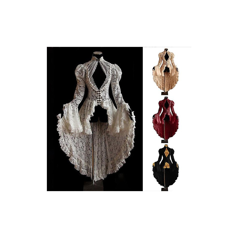Women Vintage Lace Victorian Dress Long Flare Sleeve Gothic Long Tail Pleated Hollow Out Dresses
