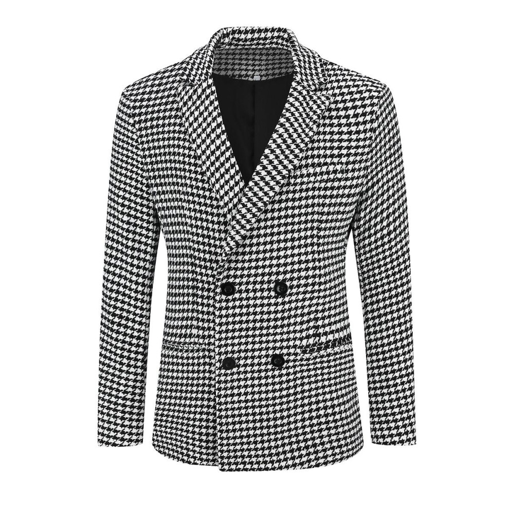 Yynuda Mens Black And White Plaid Double Breasted 4 Button Slim Fit Casual Suit Jacket