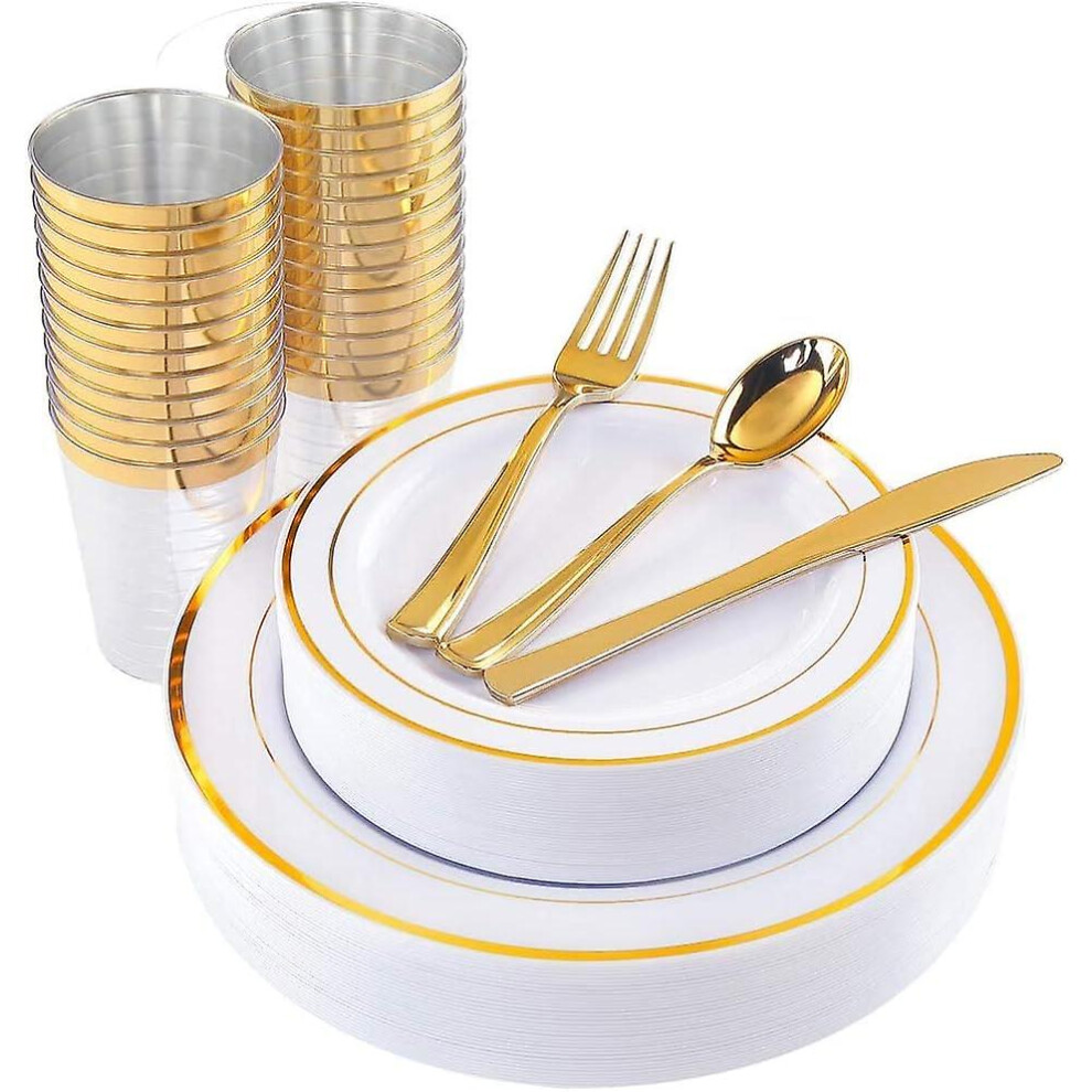 150pcs Multi-use Gold Plastic Dinnerware Set, 25pcs Resuable Dinner Plates, 25pcs Salad Plates, 25pcs Knives, 25pcs Mini Forks, 25pcs Spoons, 25pcs Cu