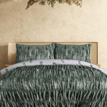 (Double) Reversible Polycotton Fern Rouched Duvet Cover Set - Green