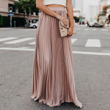 (Pink, L) Women's High Waist Flowy Pleated Chiffon Maxi Skirt