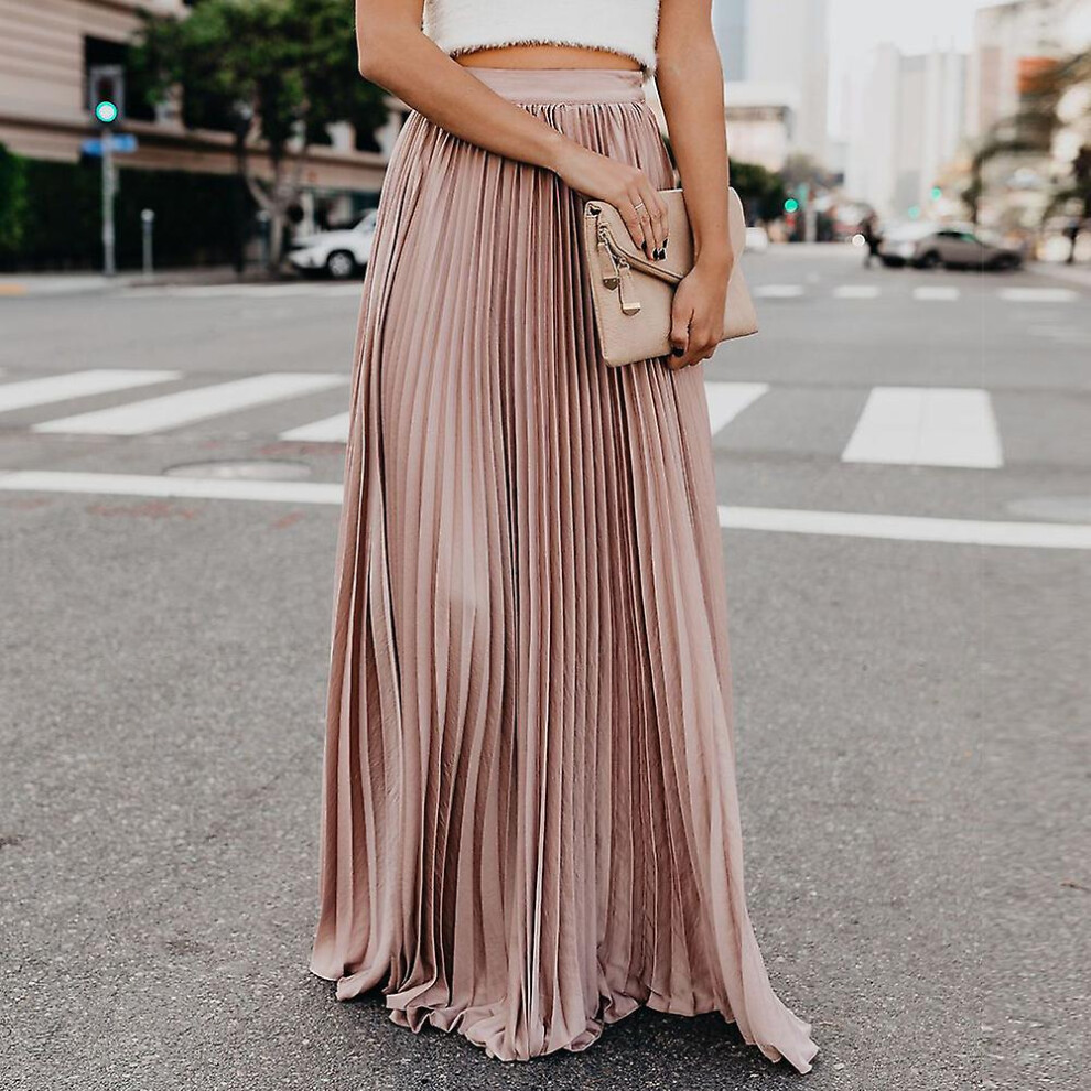 (, L) Women's High Waist Flowy Pleated Chiffon Maxi Skirt Pink