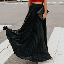 (Black, XL) Women's High Waist Flowy Pleated Chiffon Maxi Skirt