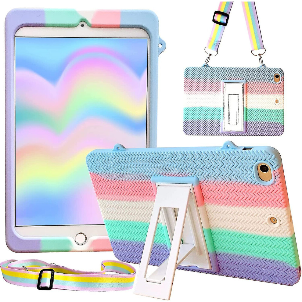 Silicone Case For Ipad Mini 4/5 (7.9"), Rainbow Braided Case [with Stand/lanyard], Soft Silicone Rainbow Shockproof Protection Cover For Ipad Mini 4/5