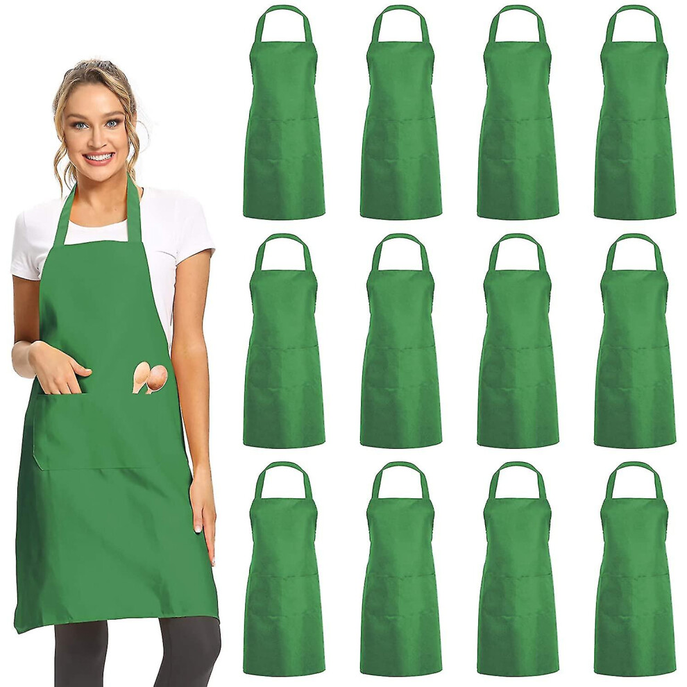 (Green) 12 Pack Plain Bib Aprons With 2 Pockets - Blue Unisex Commercial Apron Bulk For Kitchen Cooking Restaurant Bbq Painting Crafting