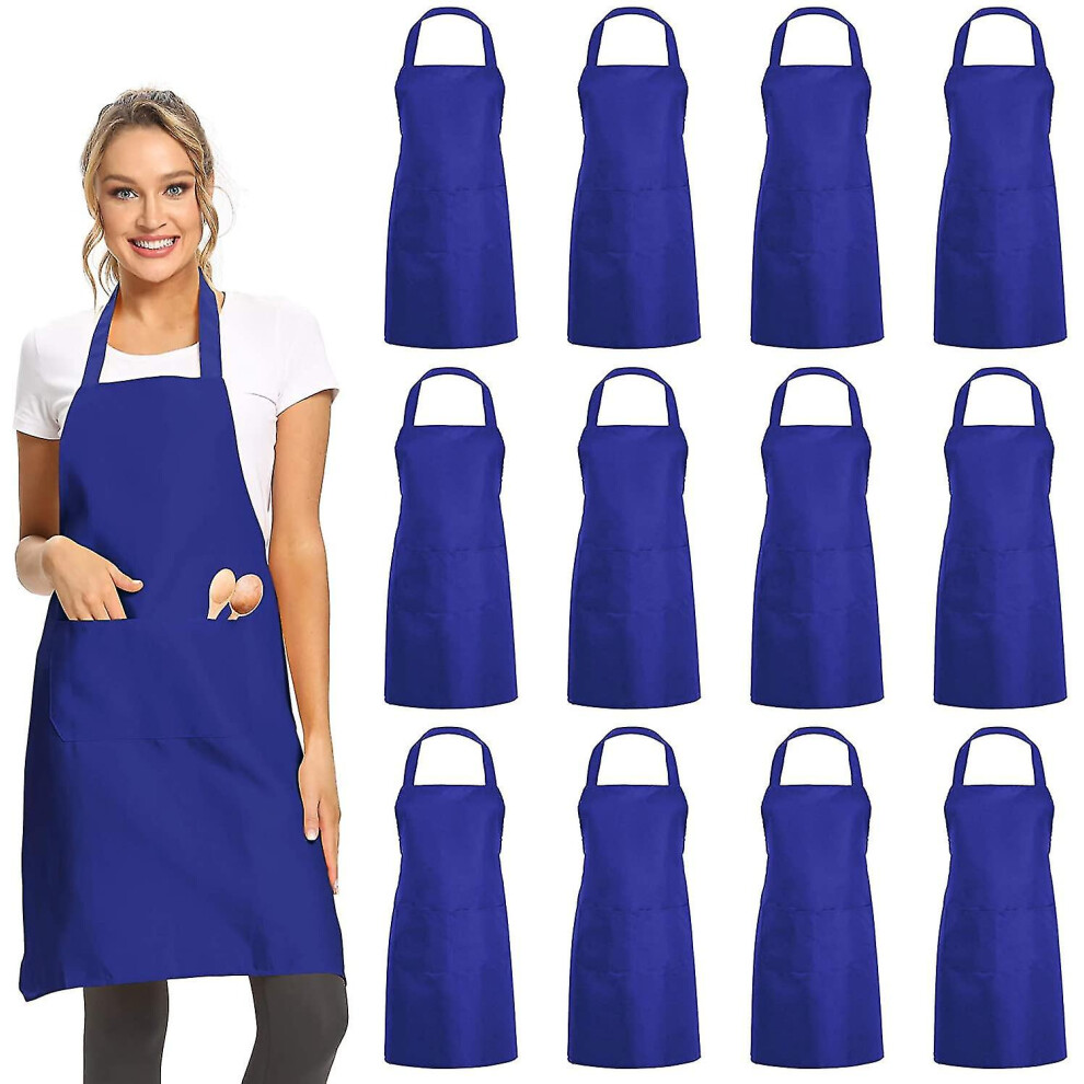 (Blue) 12 Pack Plain Bib Aprons With 2 Pockets - Blue Unisex Commercial Apron Bulk For Kitchen Cooking Restaurant Bbq Painting Crafting