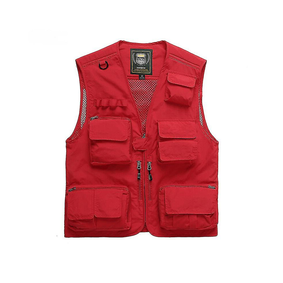 (red, 4XL) 2022 Fishing Vest Mesh Vest Fishing Jacket  Multifunctional Outdoor Photography Outdoor Fishing Shoulder Multi Pocket Vest