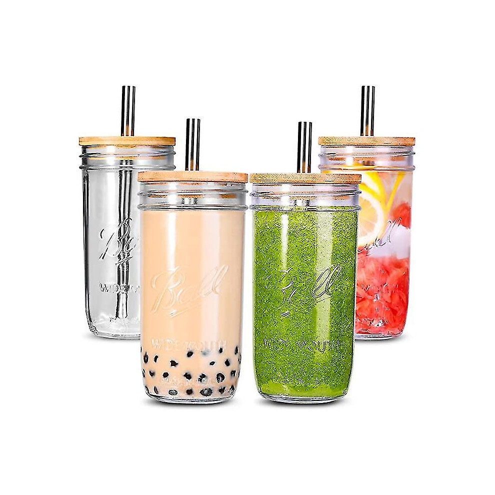 Bubble Tea Cups 4 Pack 24 Oz, Reusable Wide Mason Mouth Smoothie Cups, Iced Coffee Cups