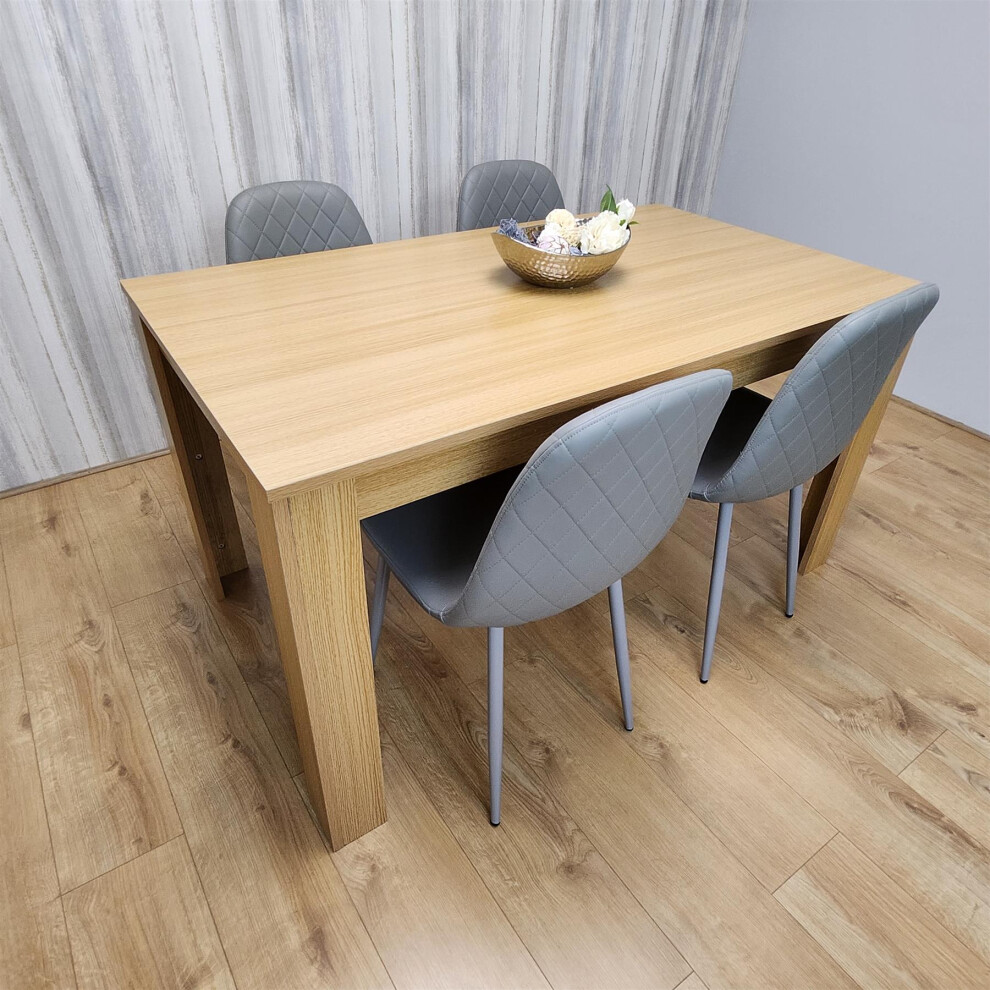 4 Oak Effect Dining Table and 4 Grey Gem Patterned Stitched Chairs