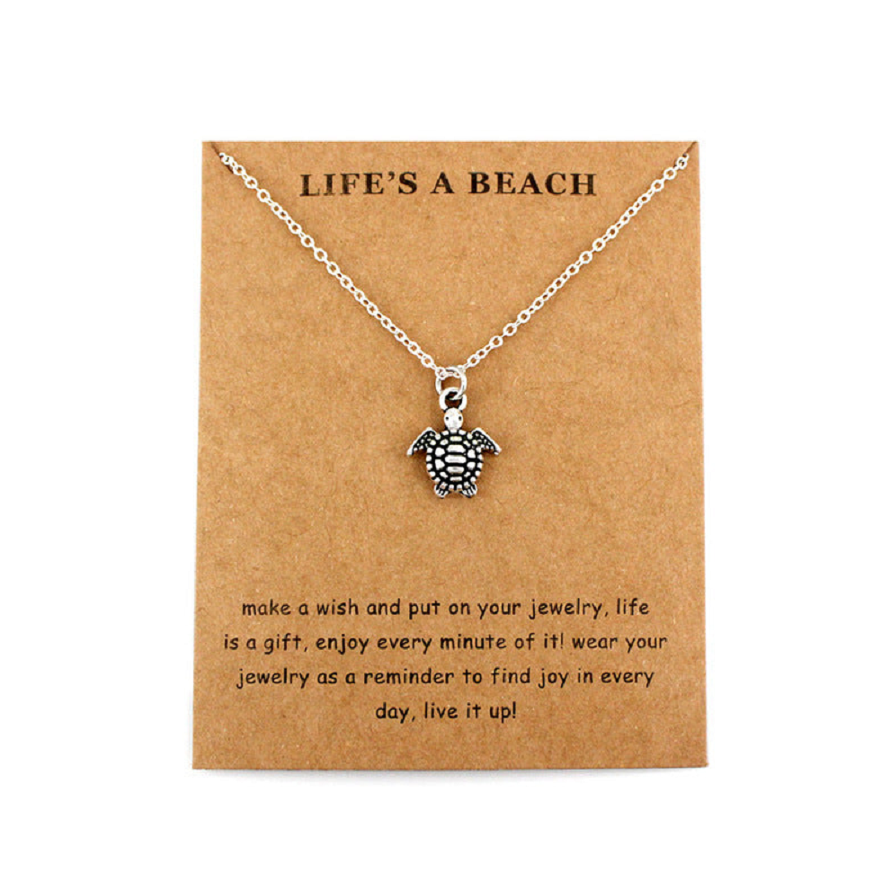 (Life's a Beach - Silver Turtle, 1) Lucky Fortune Wish Pendant Necklaces