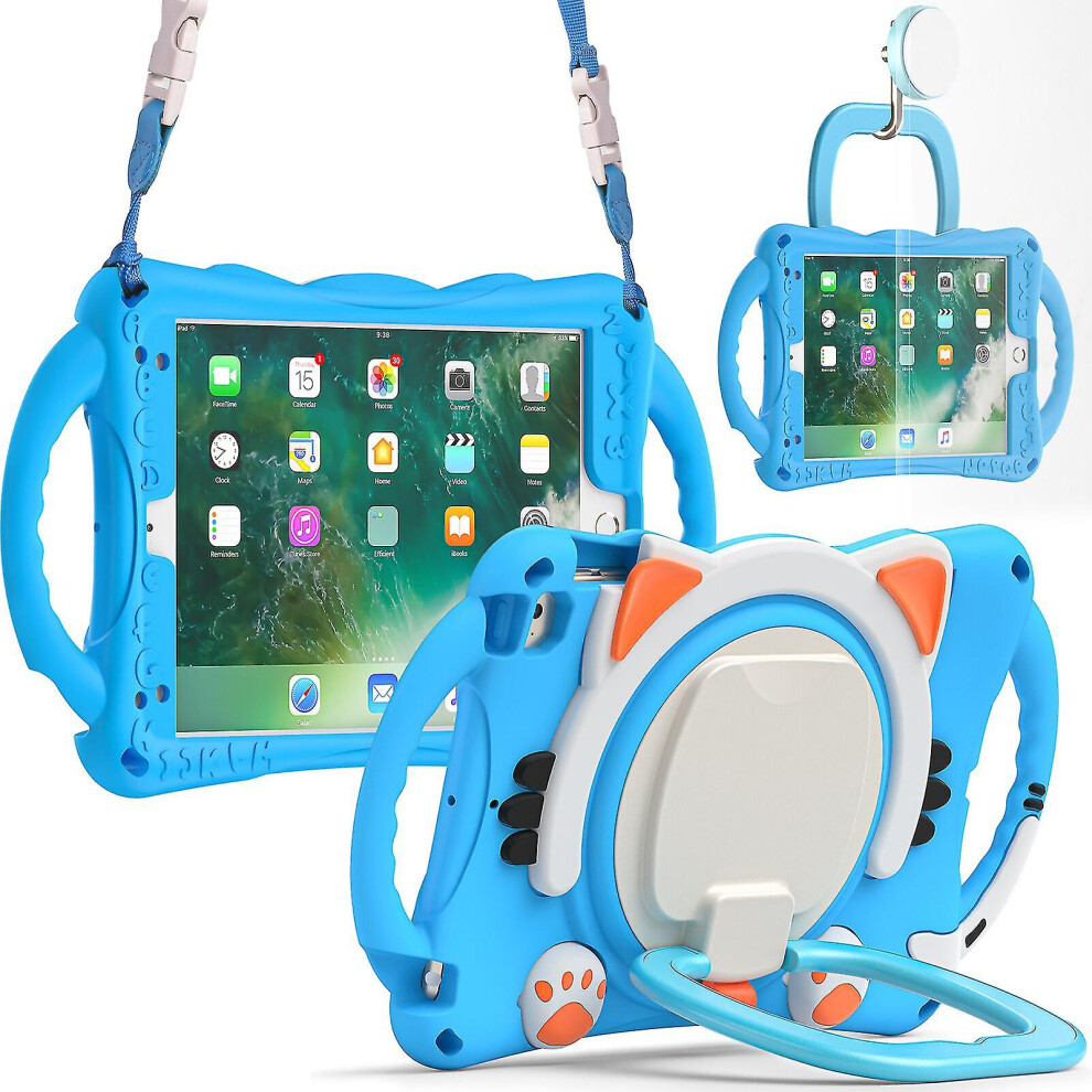 Kid Friendly Cat Design Case For Ipad Mini 1/2/3/4/5 With Shoulder Strap, Big Ring Stand, Two Portable Handle, Camera Protection Cover