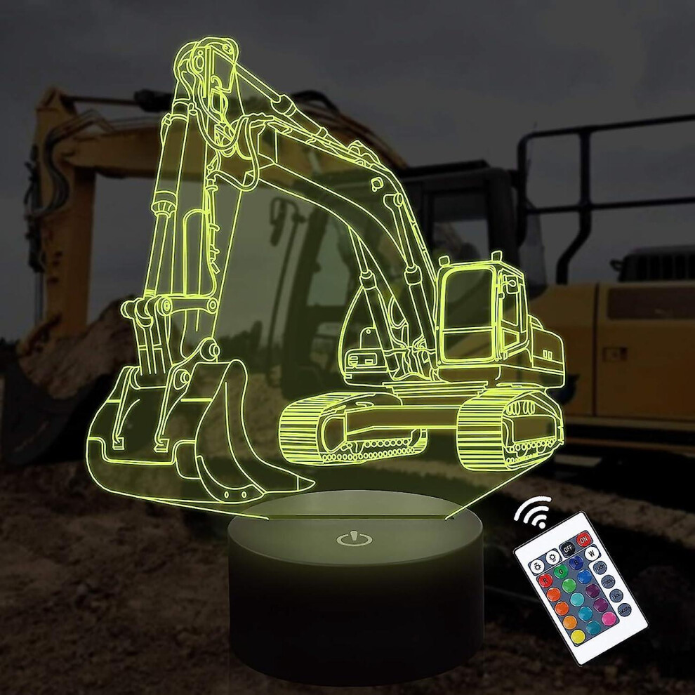 Kids 3d Excavator Night Light Optical Illusion Car Lamp With 16 Colors Remote Control Changing Birthday Xmas Valentine's Day Gift Idea For Boys